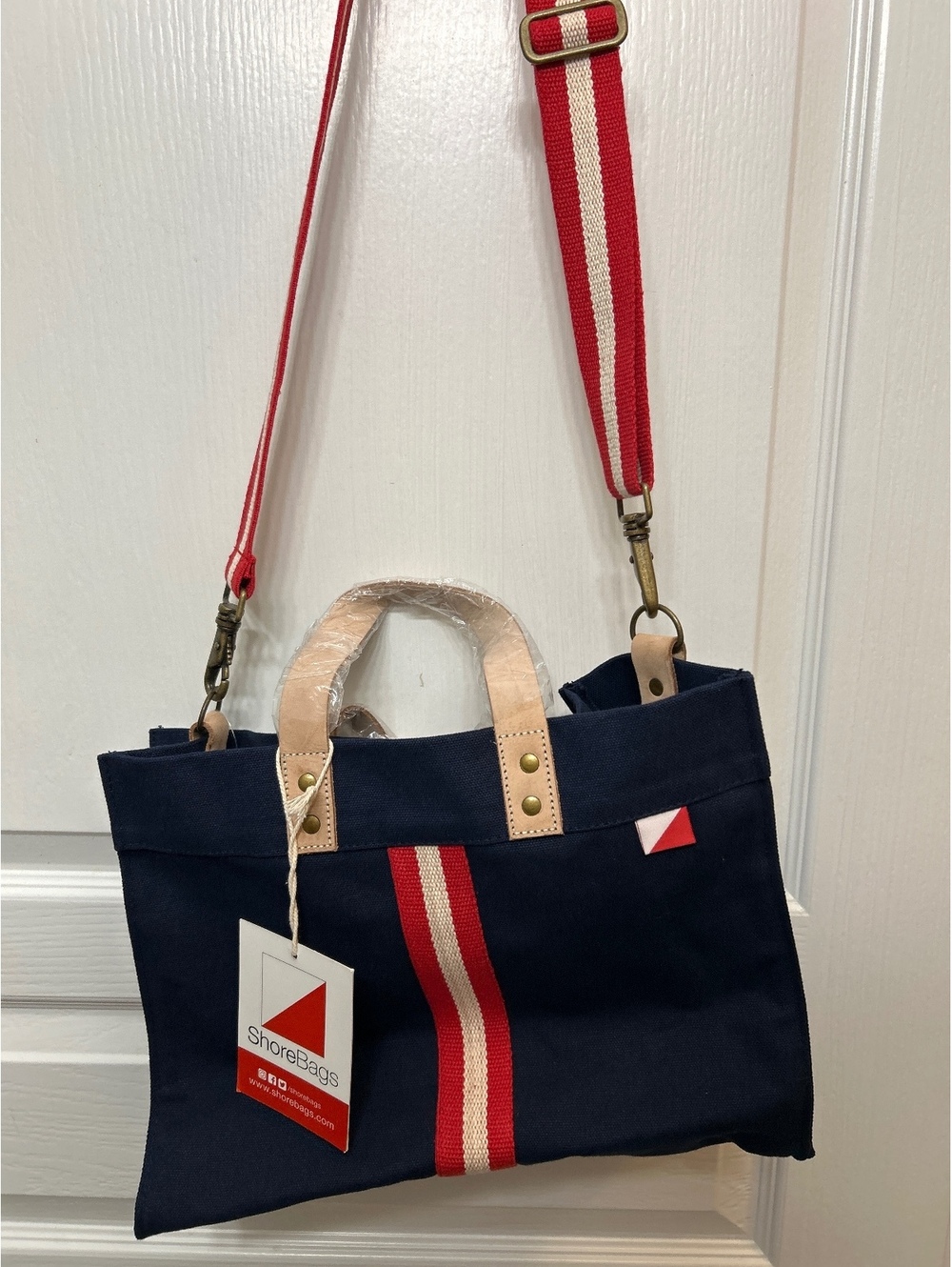 ShoreBags Navy Canvas Tote Bag with Red and White Stripe